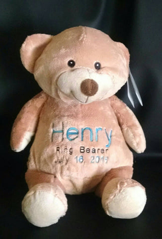 Custom bear personalized embroidered ring bearer stuffed plush animal birth statistics baby gift adoption