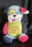 Custom personalized embroidered Harlequin patch stuffed dog plush animal- birth statistics - ring bearer - flower girl